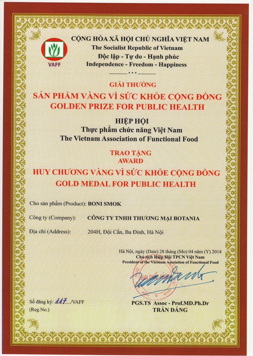 Boni-Smok - Giải thưởng sản phẩm vàng vì sức khỏe cộng đồng năm 2014