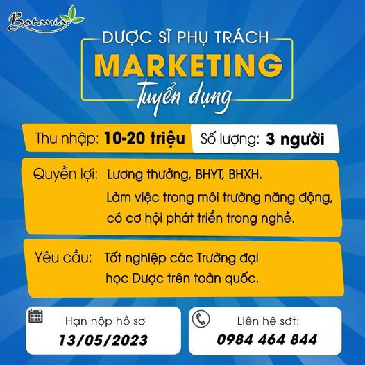 CÔNG TY BOTANIA TUYỂN DỤNG DƯỢC SĨ PHỤ TRÁCH MARKETING